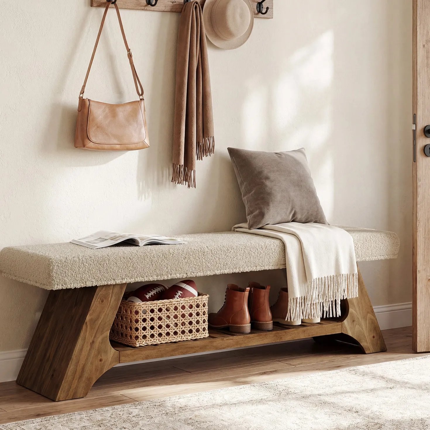 55" Solid Wood Upholstered Bench, 2-Tier Entryway Shoe Storage Bench