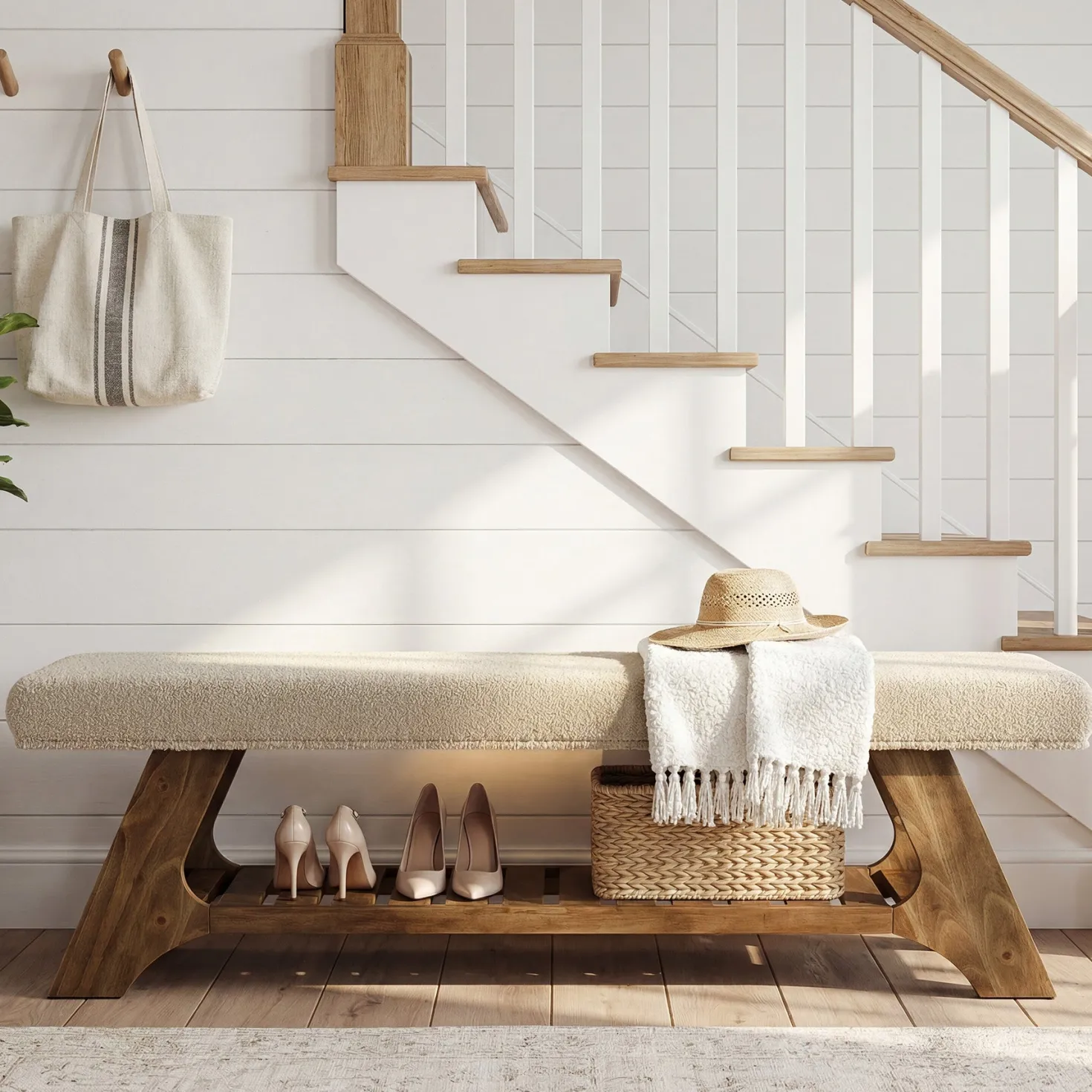 55" Solid Wood Upholstered Bench, 2-Tier Entryway Shoe Storage Bench