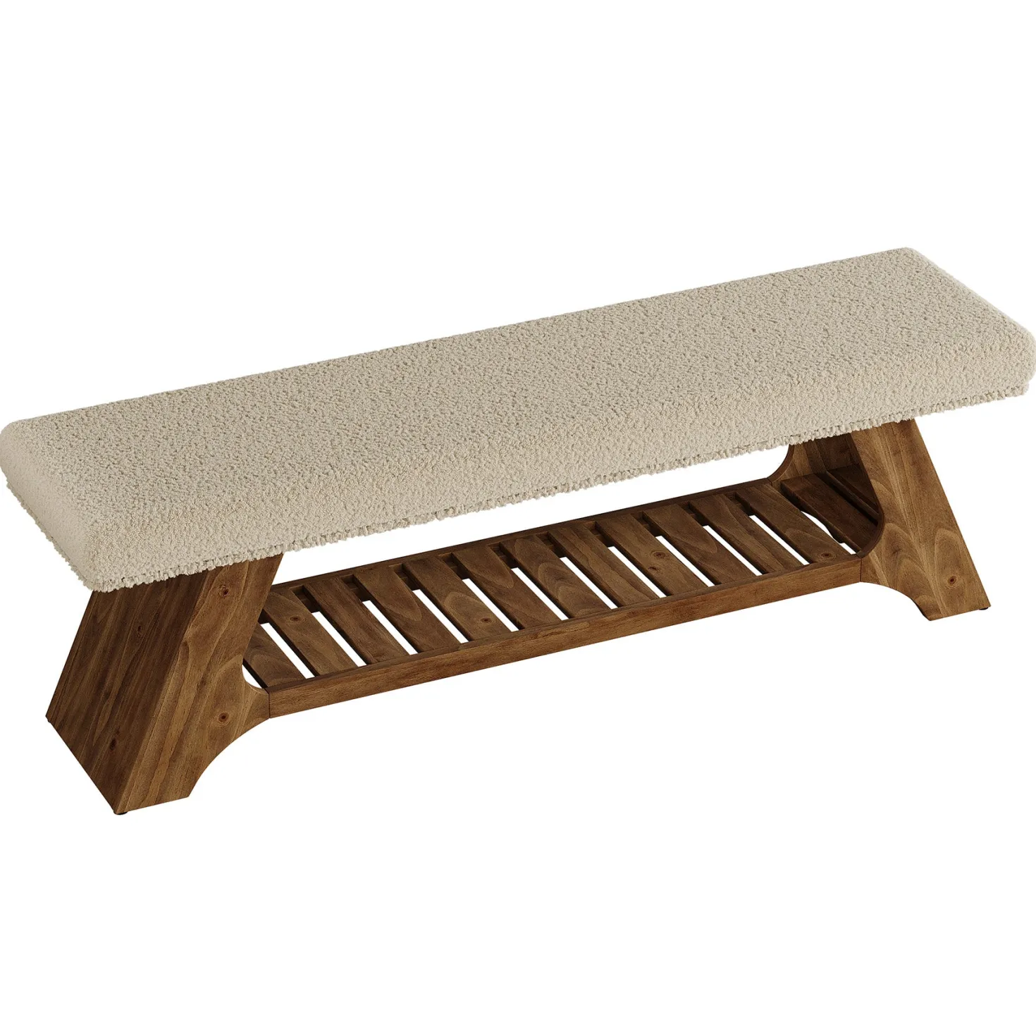 55" Solid Wood Upholstered Bench, 2-Tier Entryway Shoe Storage Bench