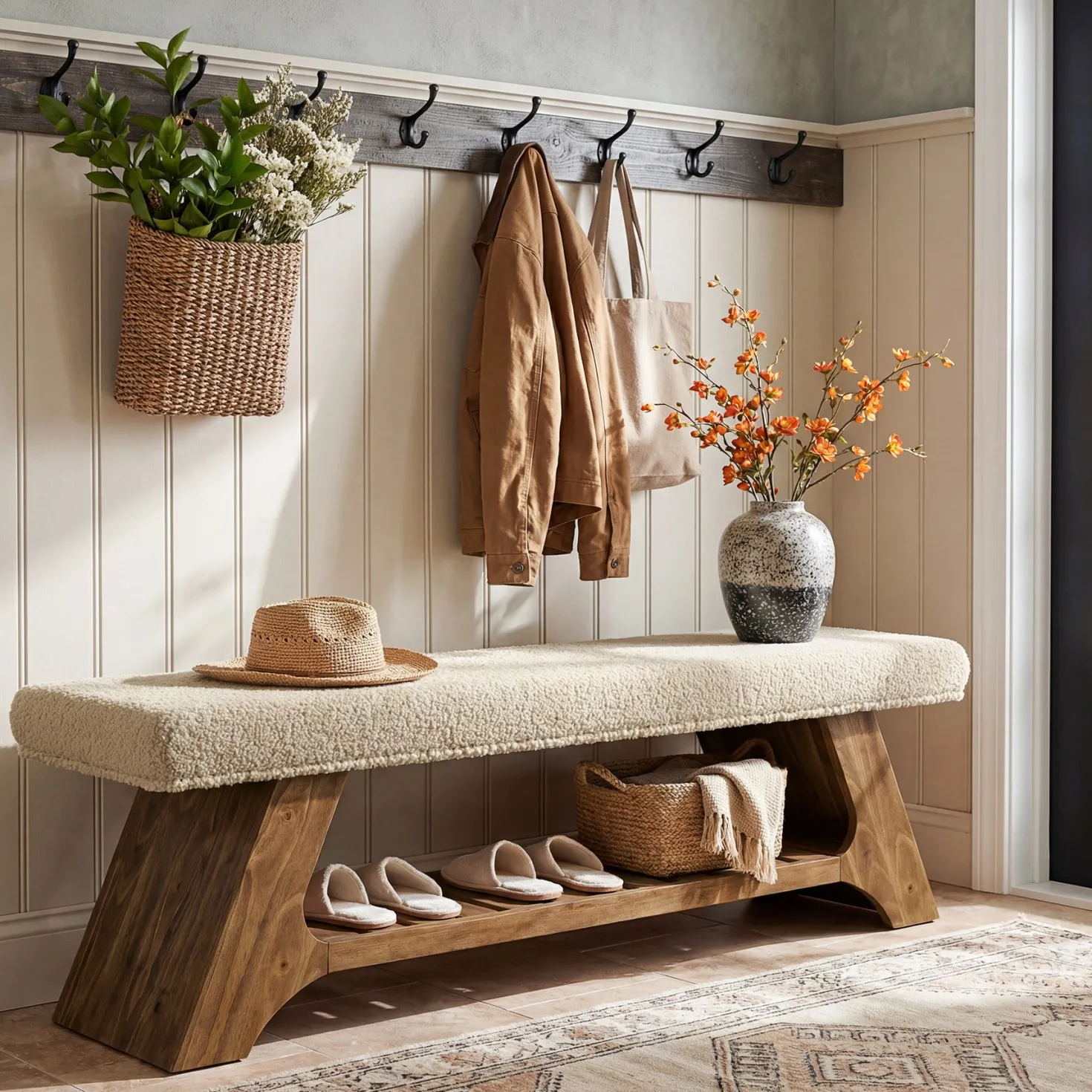 55" Solid Wood Upholstered Bench, 2-Tier Entryway Shoe Storage Bench