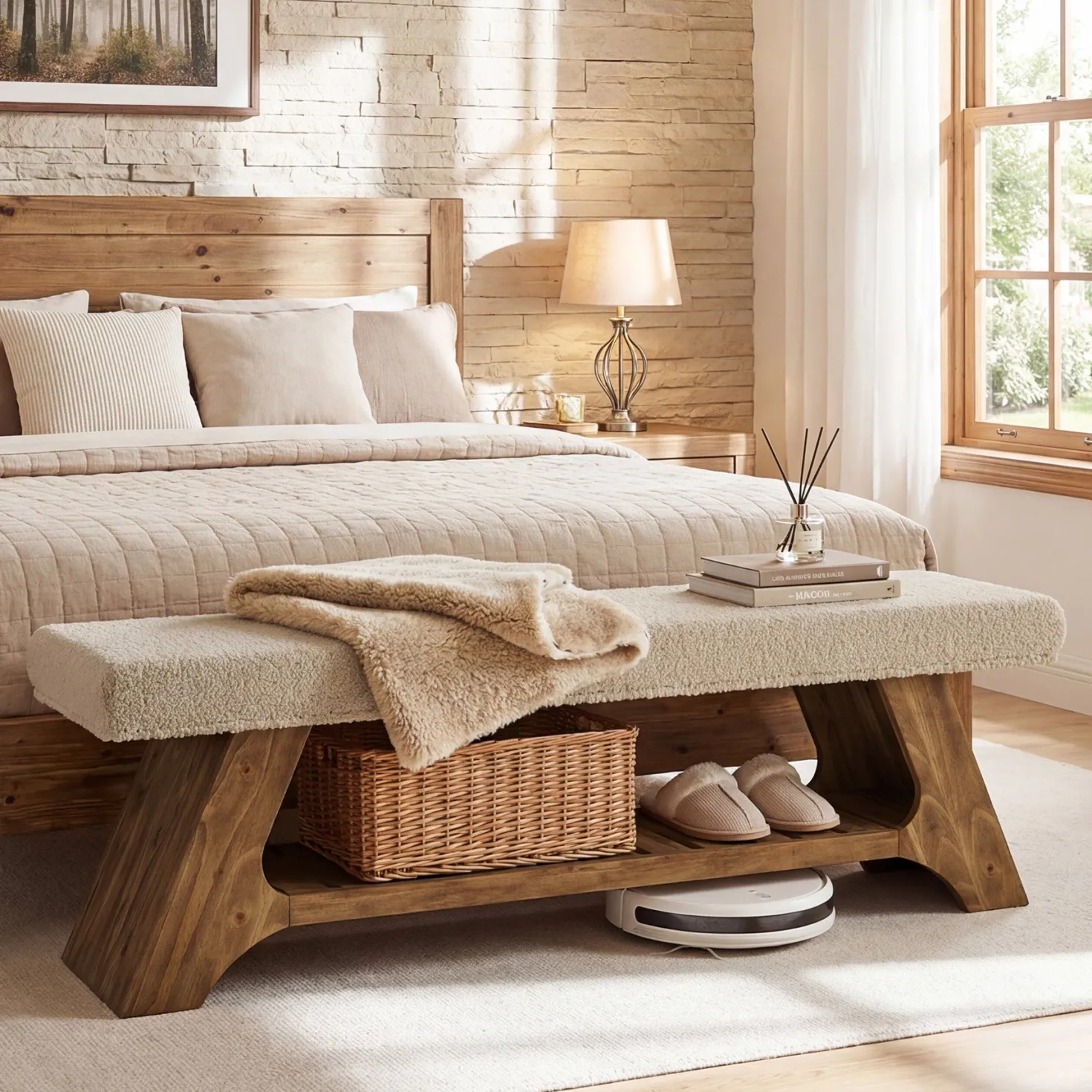 55" Solid Wood Upholstered Bench, 2-Tier Entryway Shoe Storage Bench