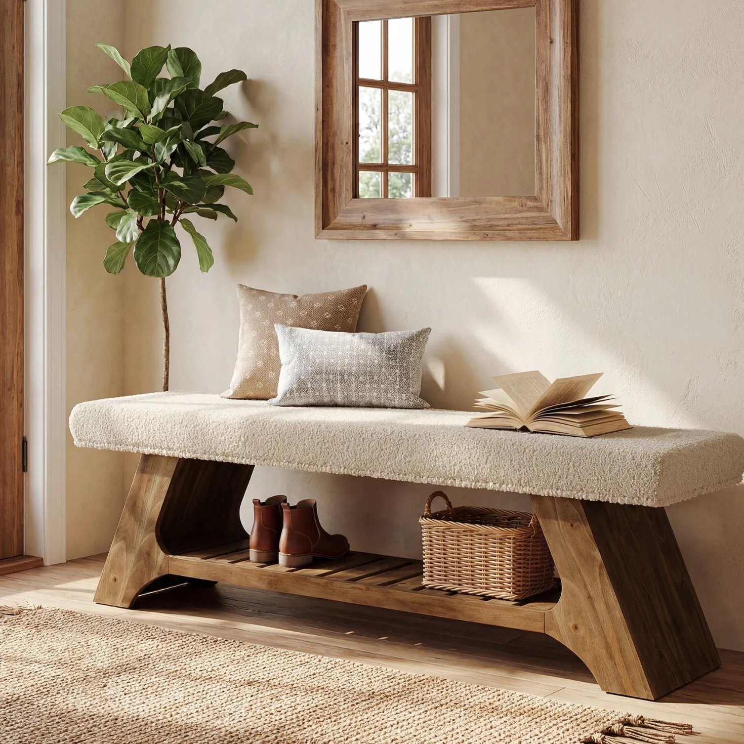 55" Solid Wood Upholstered Bench, 2-Tier Entryway Shoe Storage Bench