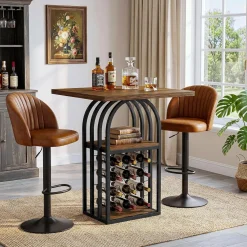 31.5" Square Bar Table, Bistro Pub Table Cocktail Home Bar Unit with 4-Tier Wine Rack Storage