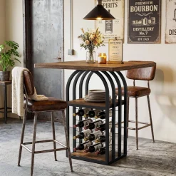 31.5" Square Bar Table, Bistro Pub Table Cocktail Home Bar Unit with 4-Tier Wine Rack Storage