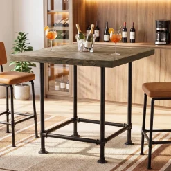 35.4" Square Bar Table, Cocktail Coffee Counter High Top Pub Table with Wood Tabletop