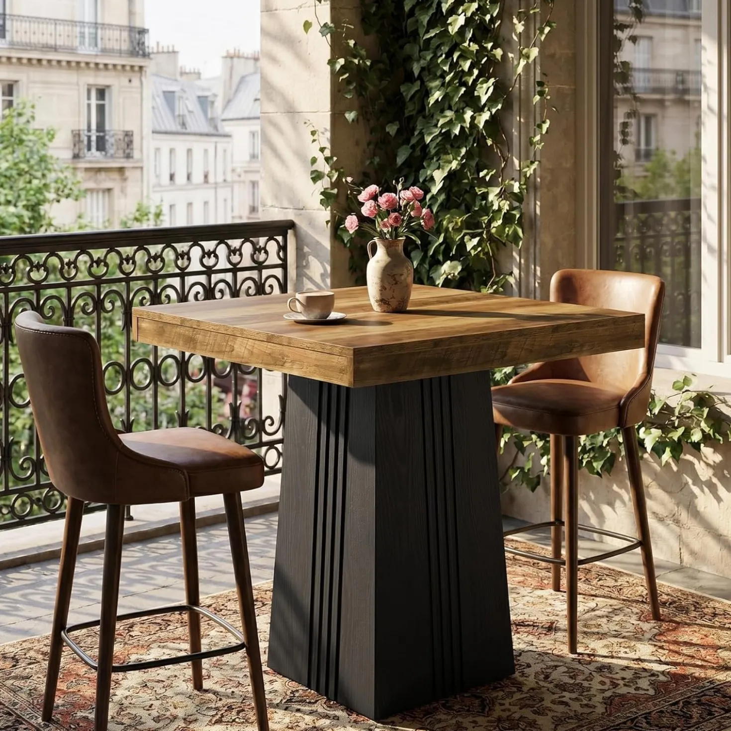 35.4" Square Bar Table, Modern Fluted Pub Table, Bar Height with Hollow Base