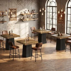 35.4" Square Bar Table, Modern Fluted Pub Table, Bar Height with Hollow Base