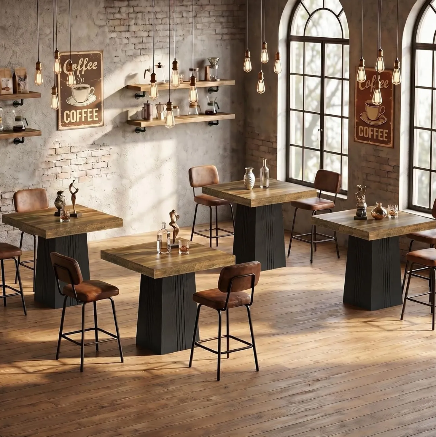 35.4" Square Bar Table, Modern Fluted Pub Table, Bar Height with Hollow Base