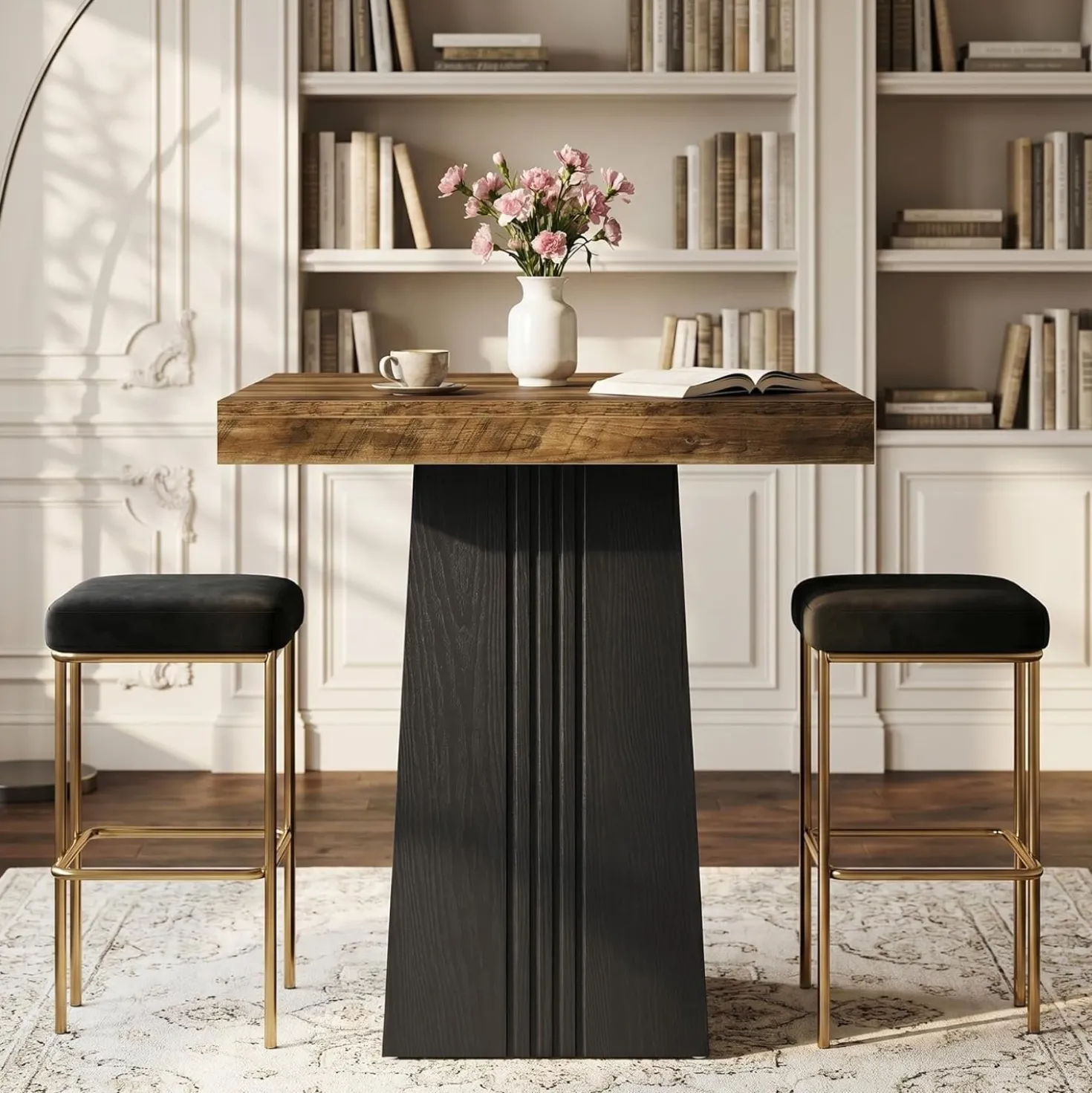 35.4" Square Bar Table, Modern Fluted Pub Table, Bar Height with Hollow Base