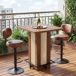 31.5" Square Bar Table, Rattan Pub Table with Footrest for Kitchen Breakfast Nook