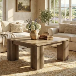 39" Square Coffee Table, Farmhouse Center Table with Fluted Legs
