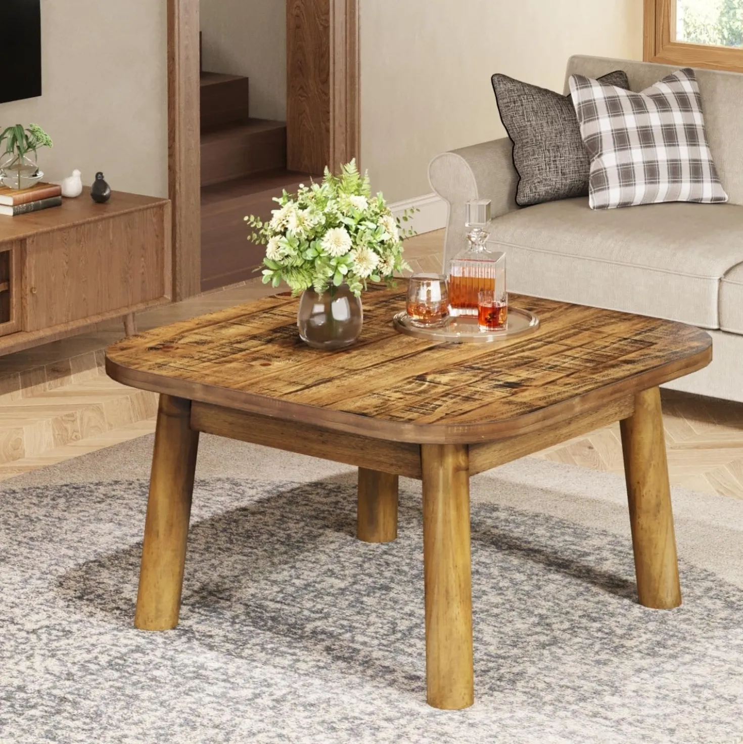 31.5" Square Coffee Table, Farmhouse Solid Wood Center Table with Rounded Corners
