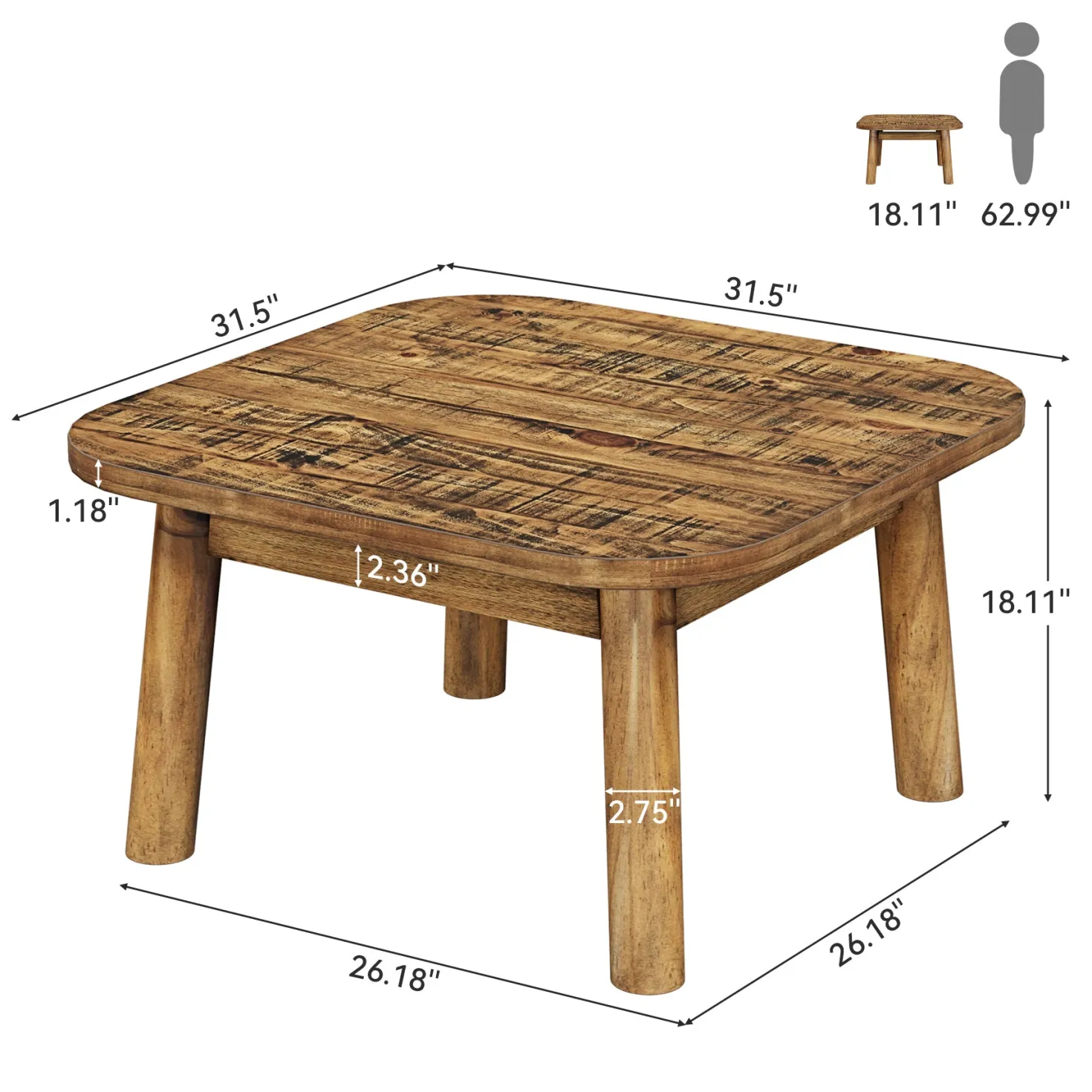 31.5" Square Coffee Table, Farmhouse Solid Wood Center Table with Rounded Corners