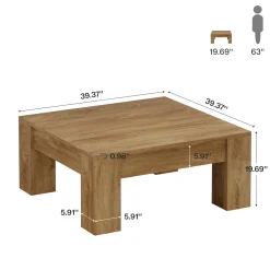 39" Square Coffee Table, Farmhouse Wood Coffee Table with Sturdy Legs