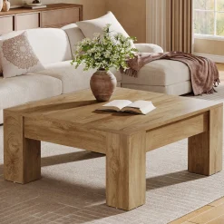 39" Square Coffee Table, Farmhouse Wood Coffee Table with Sturdy Legs