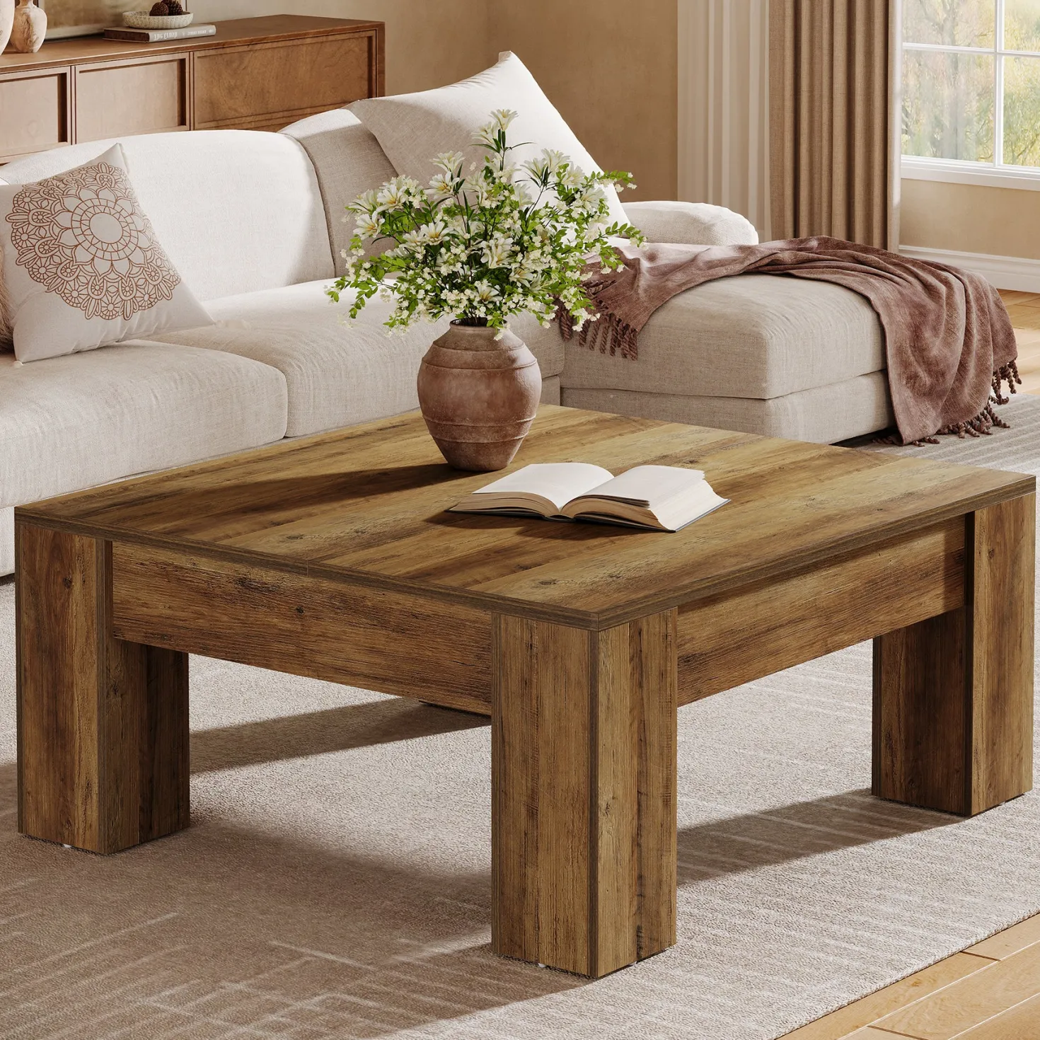 39" Square Coffee Table, Farmhouse Wood Coffee Table with Sturdy Legs