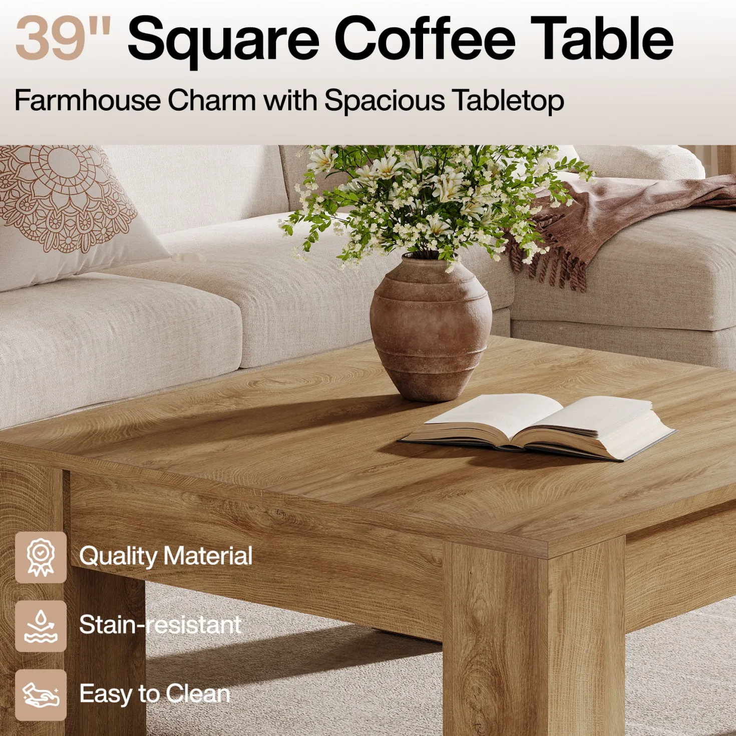 39" Square Coffee Table, Farmhouse Wood Coffee Table with Sturdy Legs