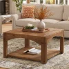 31.5" Square Coffee Table, Solid Wood 2-Tier Center Table for Living Room