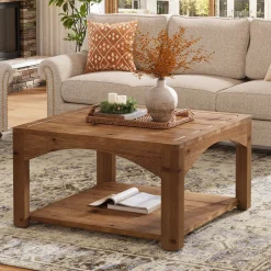 31.5" Square Coffee Table, Solid Wood 2-Tier Center Table for Living Room