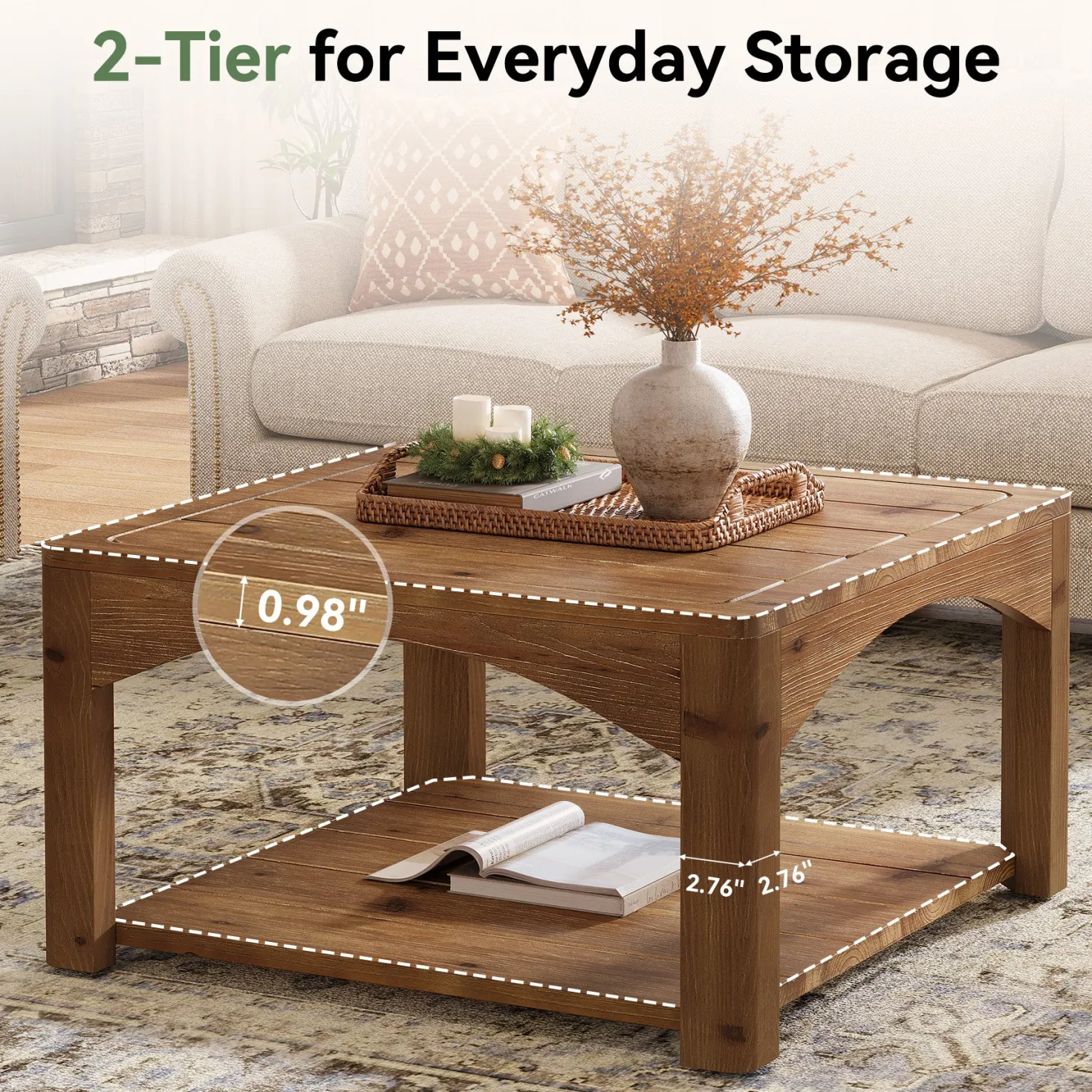 31.5" Square Coffee Table, Solid Wood 2-Tier Center Table for Living Room