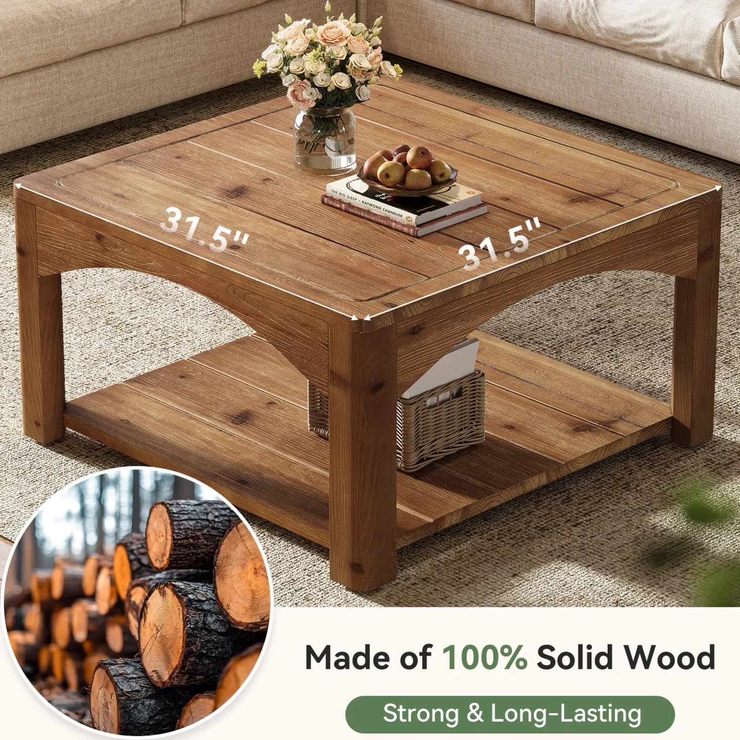 31.5" Square Coffee Table, Solid Wood 2-Tier Center Table for Living Room