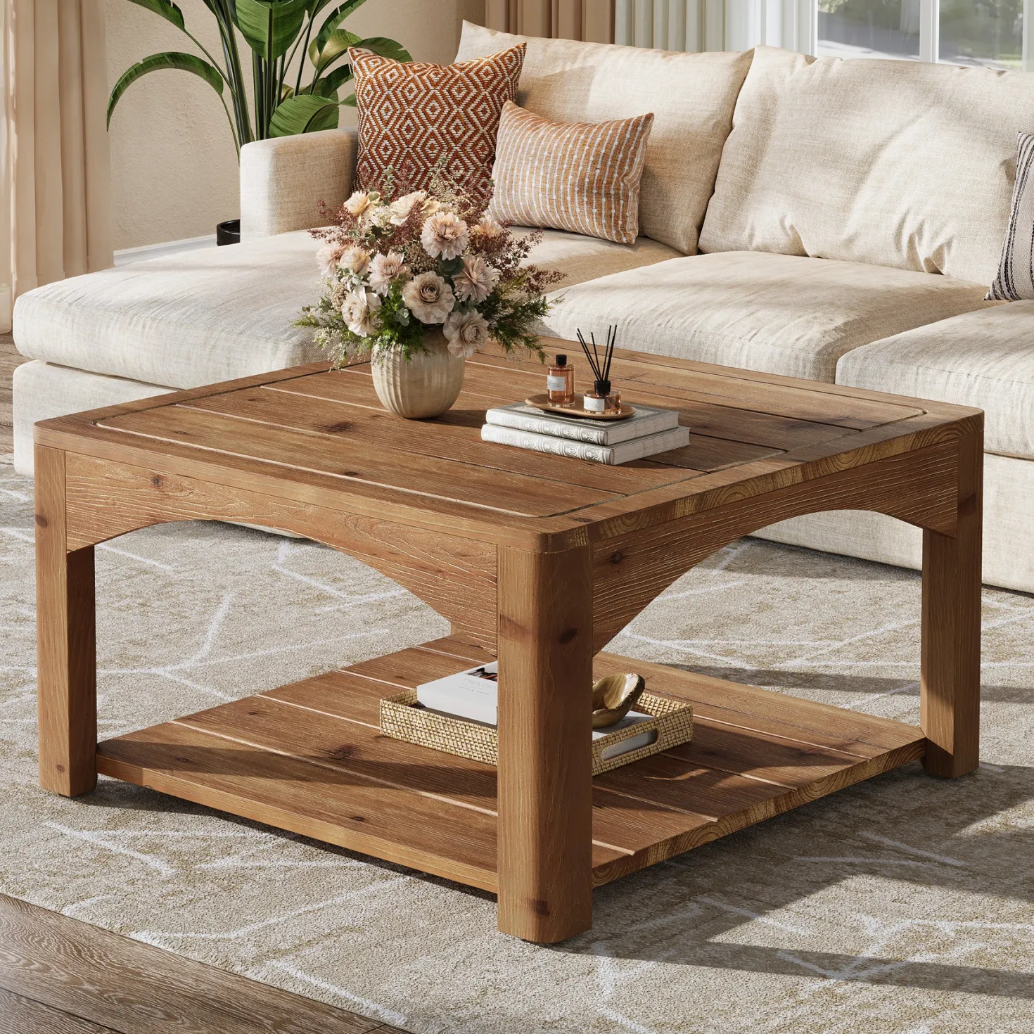 31.5" Square Coffee Table, Solid Wood 2-Tier Center Table for Living Room