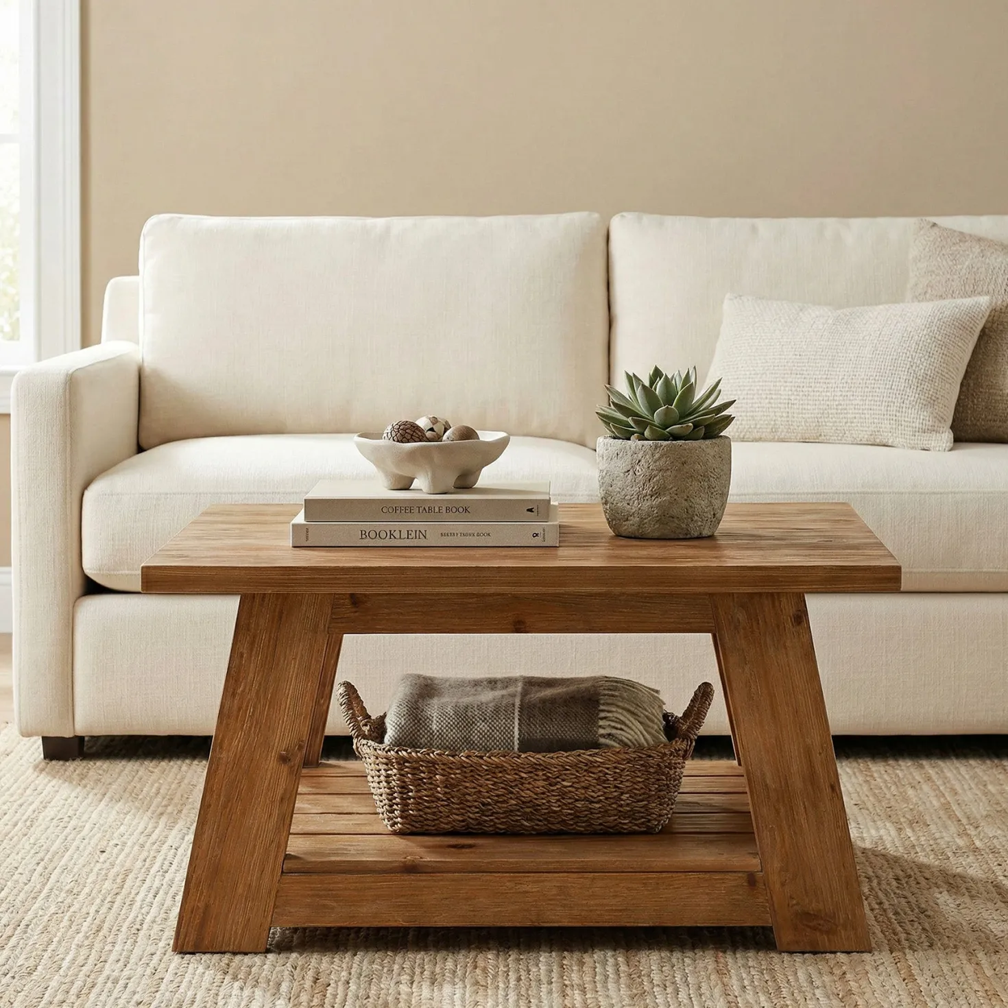 31.5" Square Coffee Table, Solid Wood 2-Tier Accent Center Cocktail Table