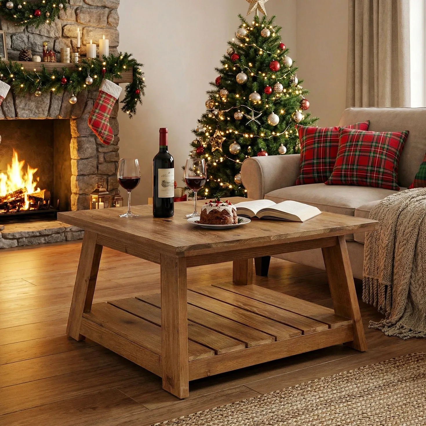 31.5" Square Coffee Table, Solid Wood 2-Tier Accent Center Cocktail Table