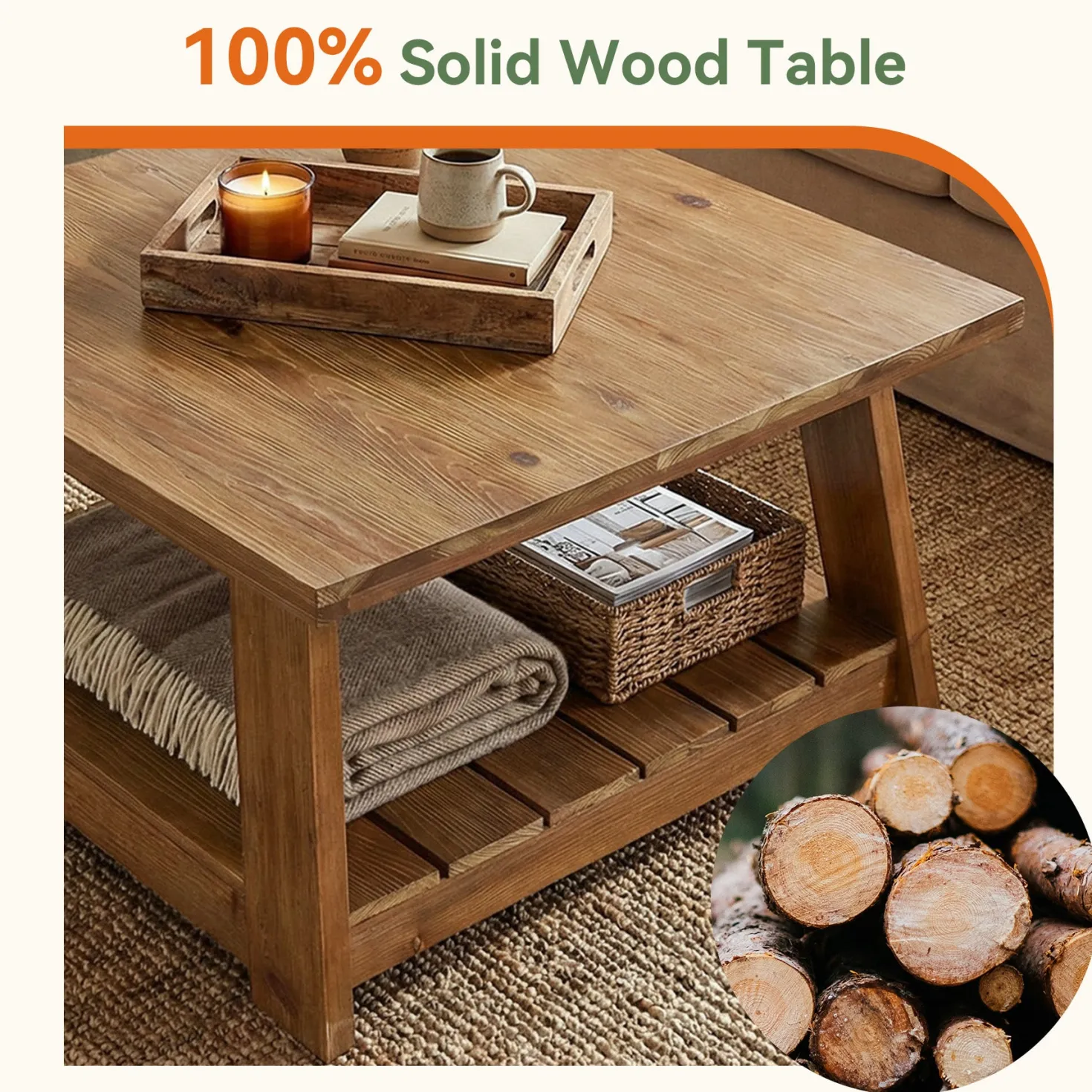 31.5" Square Coffee Table, Solid Wood 2-Tier Accent Center Cocktail Table
