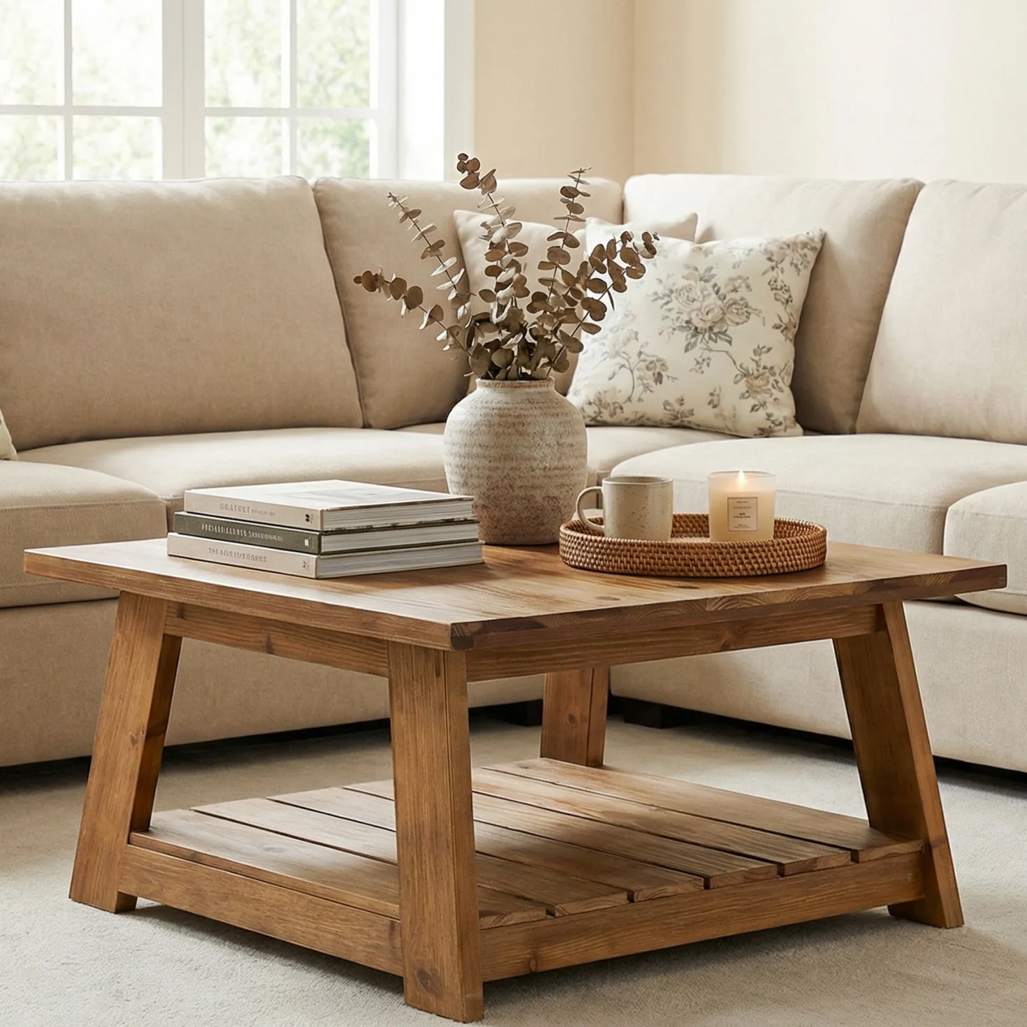 31.5" Square Coffee Table, Solid Wood 2-Tier Accent Center Cocktail Table