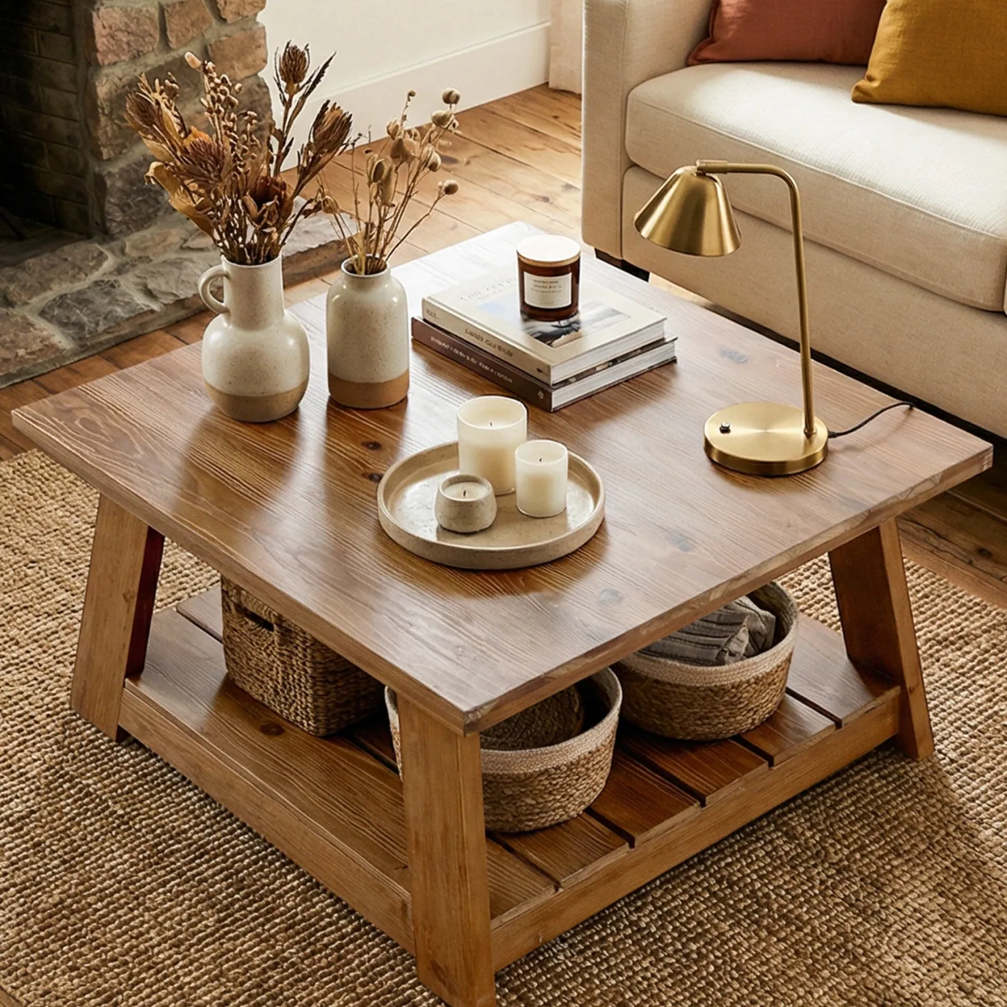 31.5" Square Coffee Table, Solid Wood 2-Tier Accent Center Cocktail Table