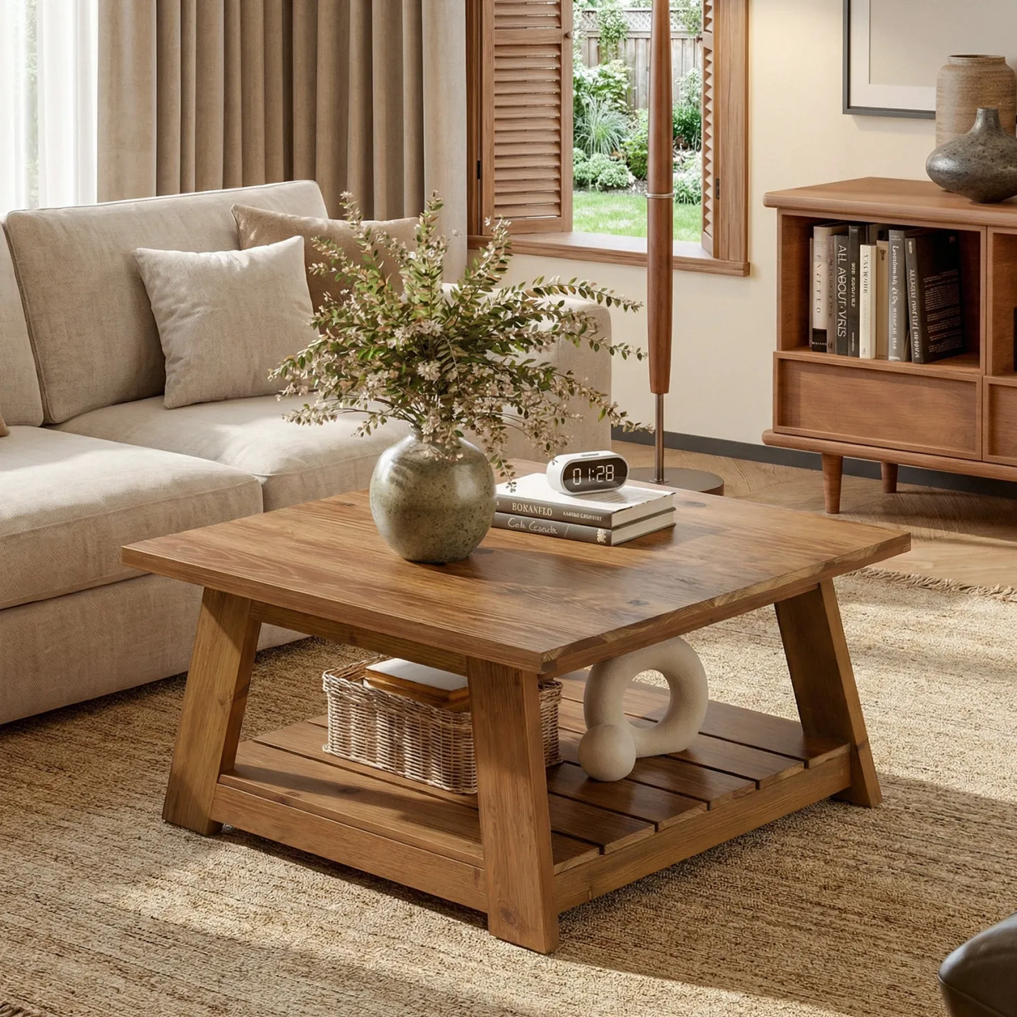 31.5" Square Coffee Table, Solid Wood 2-Tier Accent Center Cocktail Table