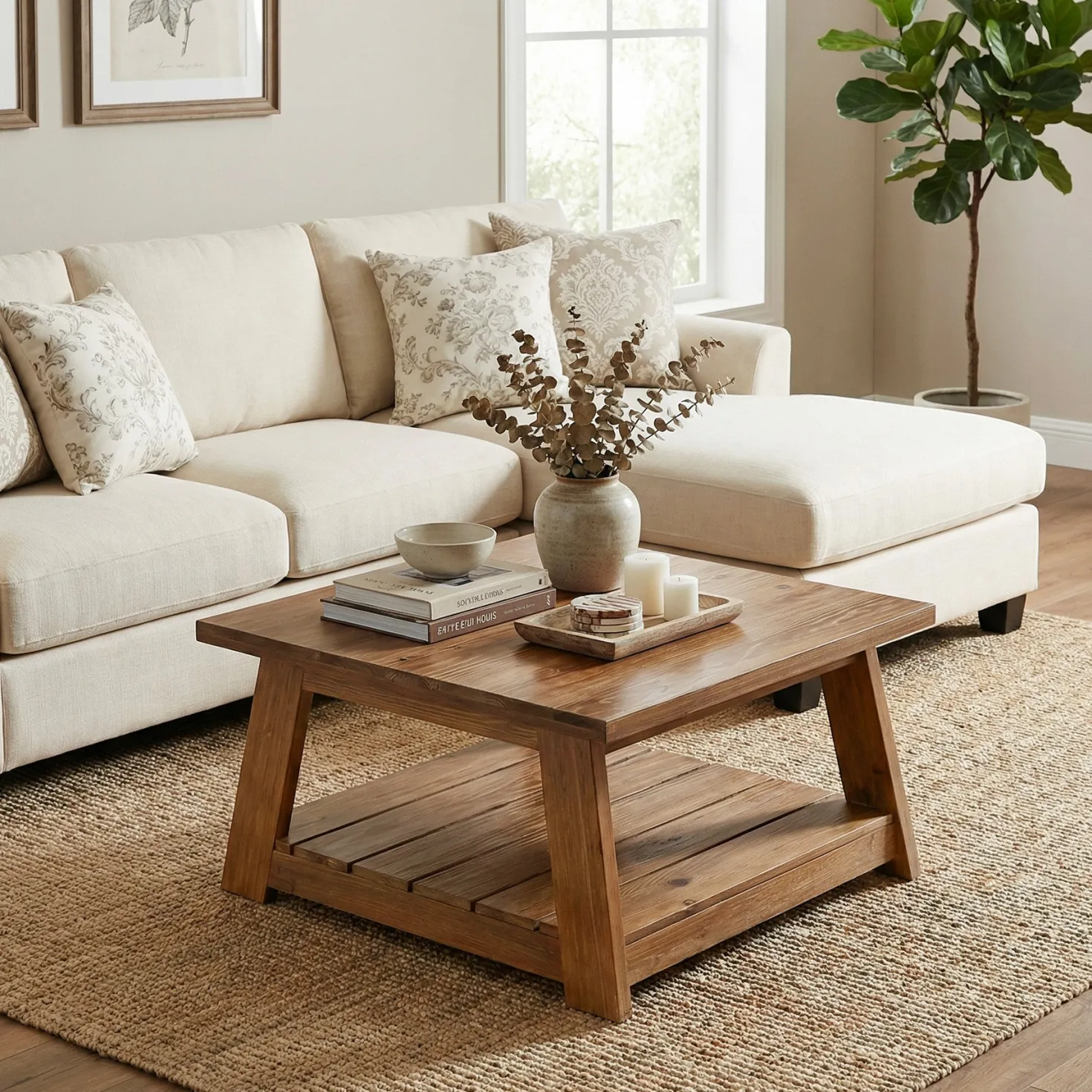 31.5" Square Coffee Table, Solid Wood 2-Tier Accent Center Cocktail Table