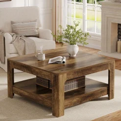 39.4" Square Coffee Table, Wooden Center Tea Accent Table with 2-Tier Storage