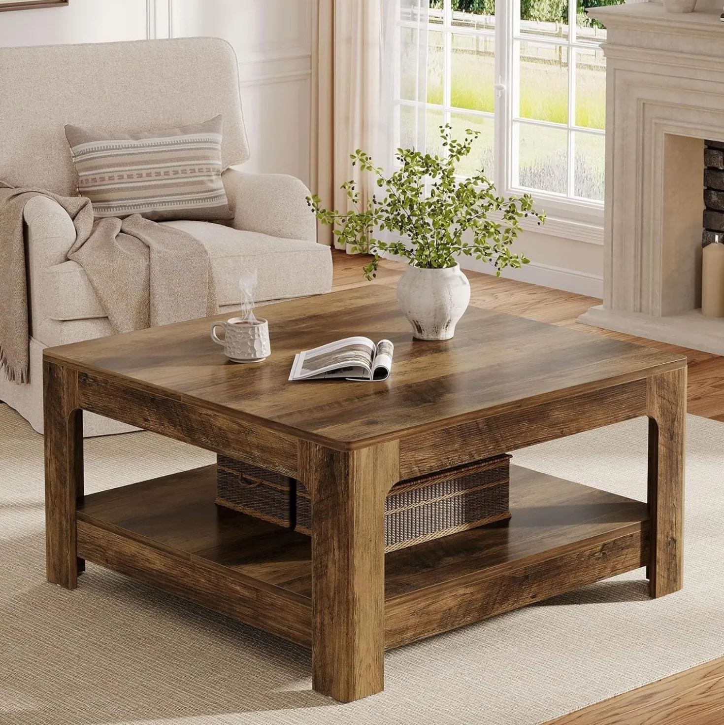 39.4" Square Coffee Table, Wooden Center Tea Accent Table with 2-Tier Storage