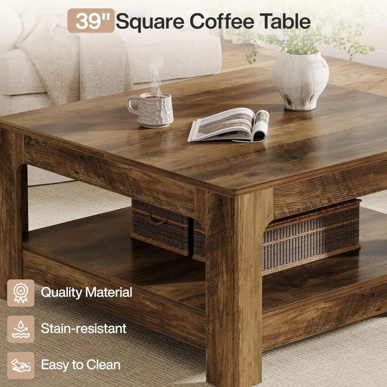 39.4" Square Coffee Table, Wooden Center Tea Accent Table with 2-Tier Storage