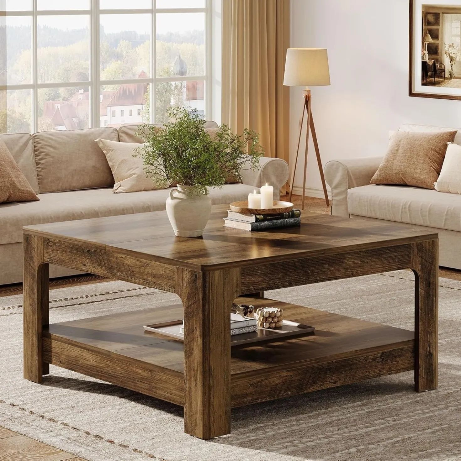 39.4" Square Coffee Table, Wooden Center Tea Accent Table with 2-Tier Storage