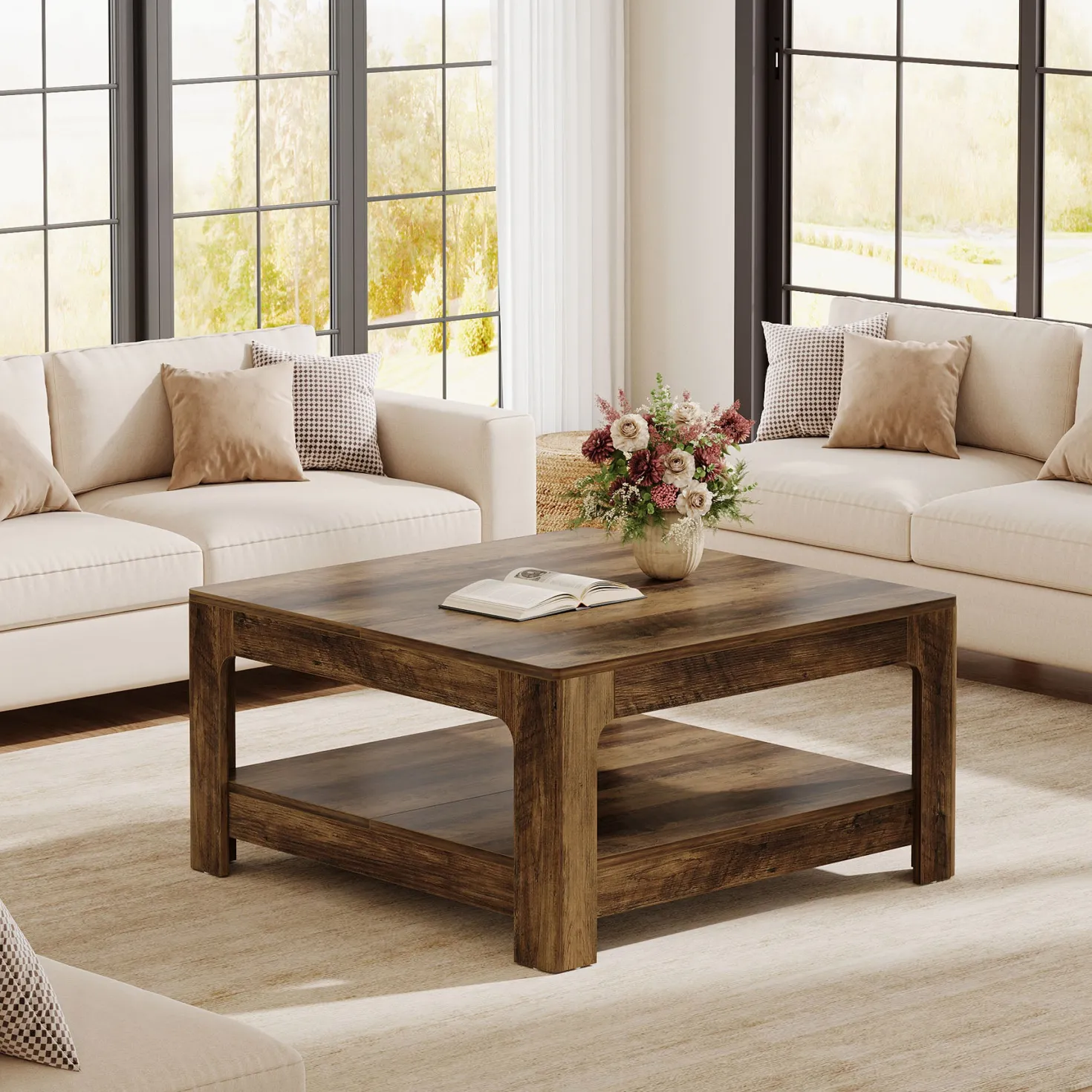 39.4" Square Coffee Table, Wooden Center Tea Accent Table with 2-Tier Storage