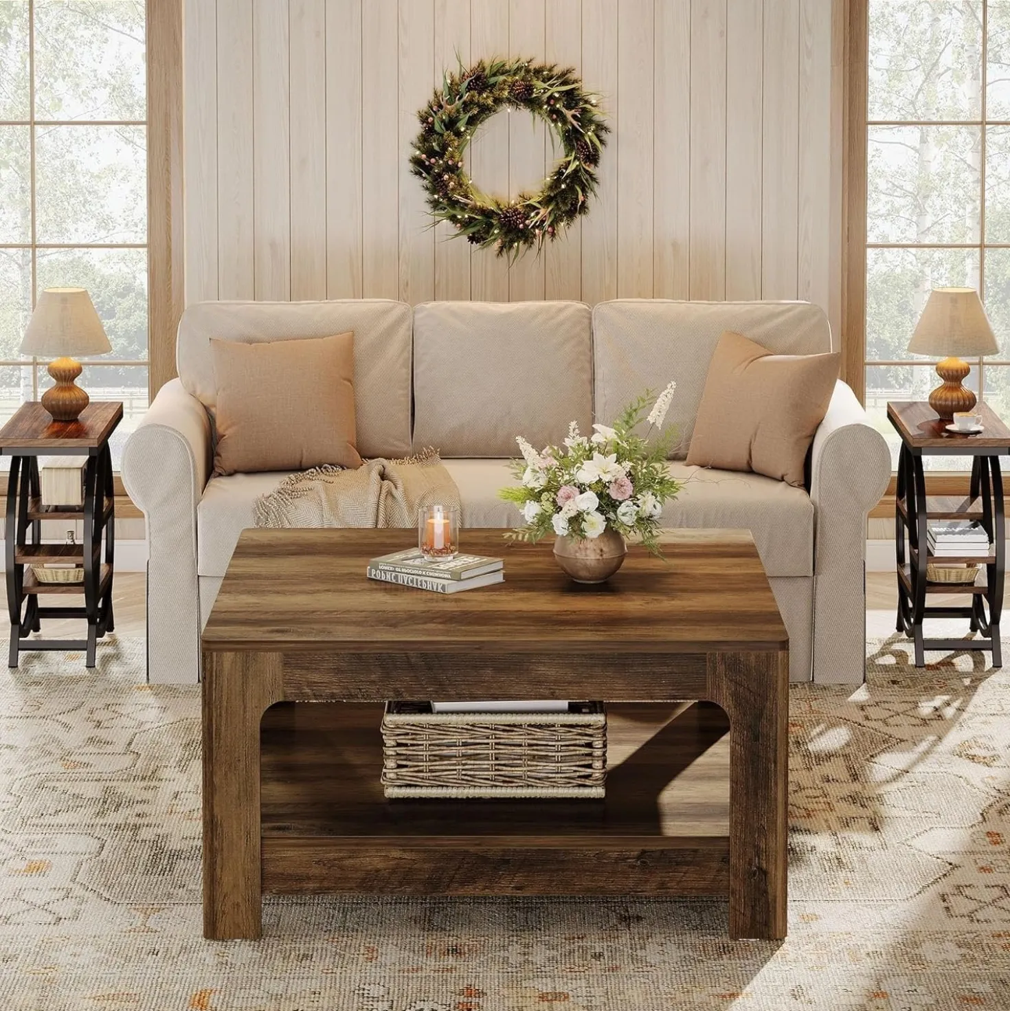 39.4" Square Coffee Table, Wooden Center Tea Accent Table with 2-Tier Storage