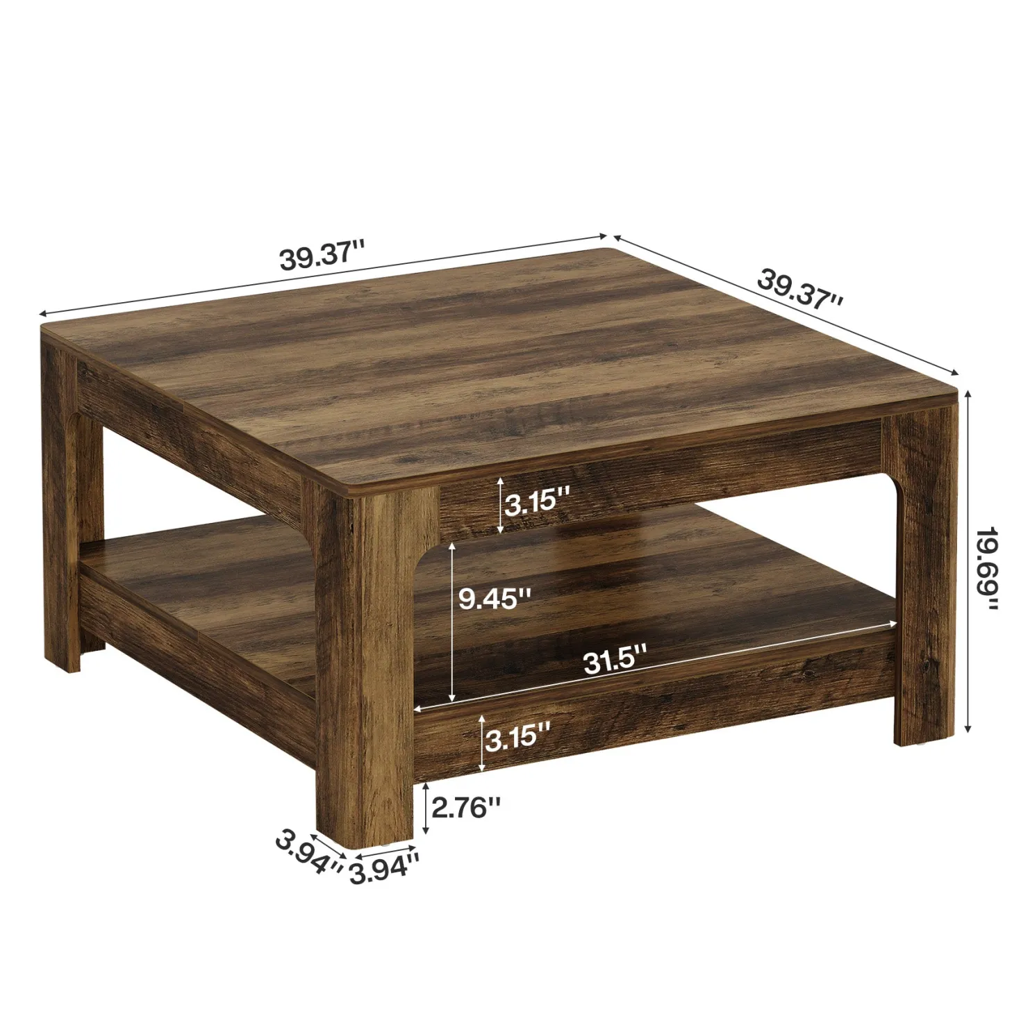 39.4" Square Coffee Table, Wooden Center Tea Accent Table with 2-Tier Storage