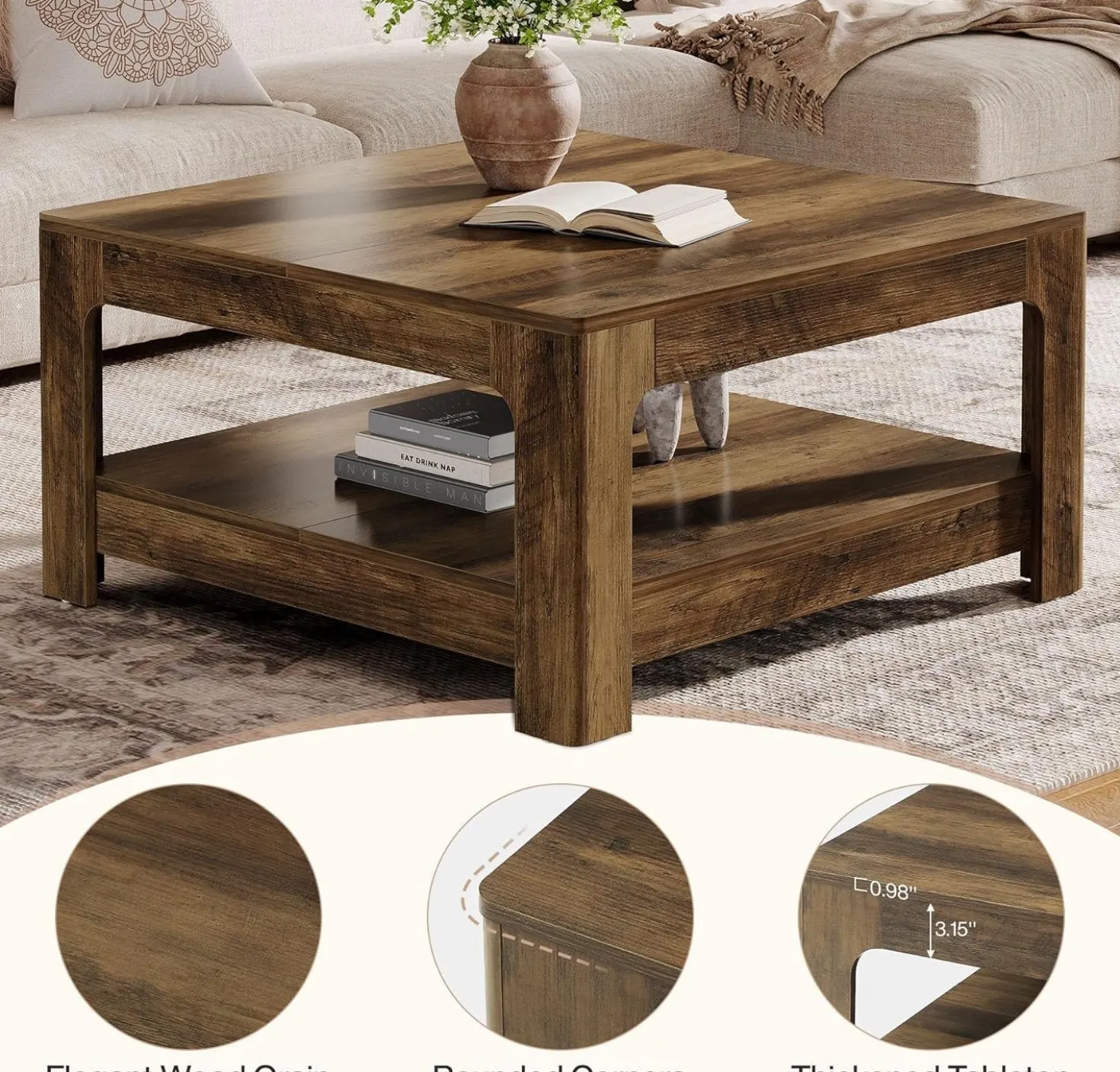 39.4" Square Coffee Table, Wooden Center Tea Accent Table with 2-Tier Storage