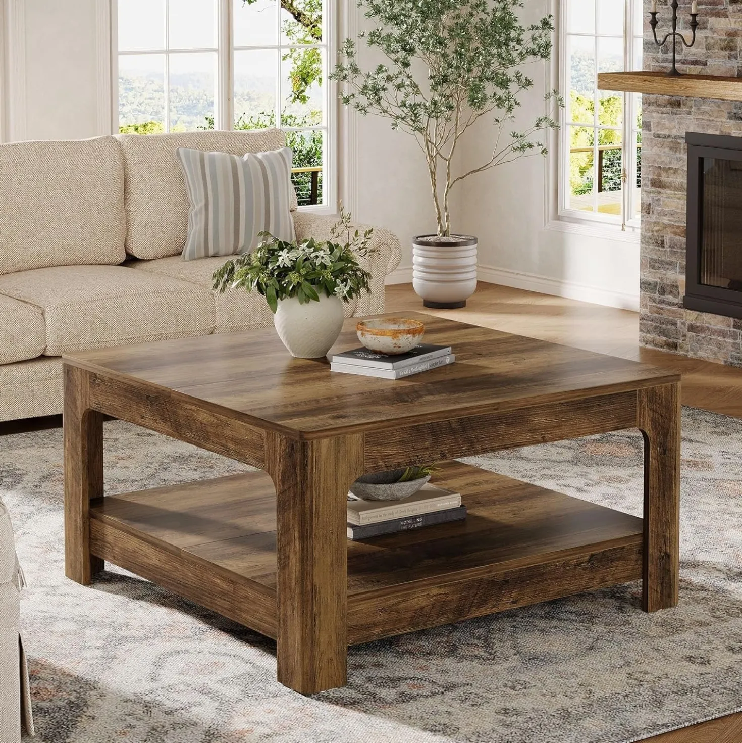 39.4" Square Coffee Table, Wooden Center Tea Accent Table with 2-Tier Storage