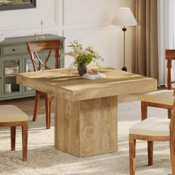 39" Square Dining Table, Farmhouse Kitchen Dinner Table with Sturdy Pedestal Base for 4