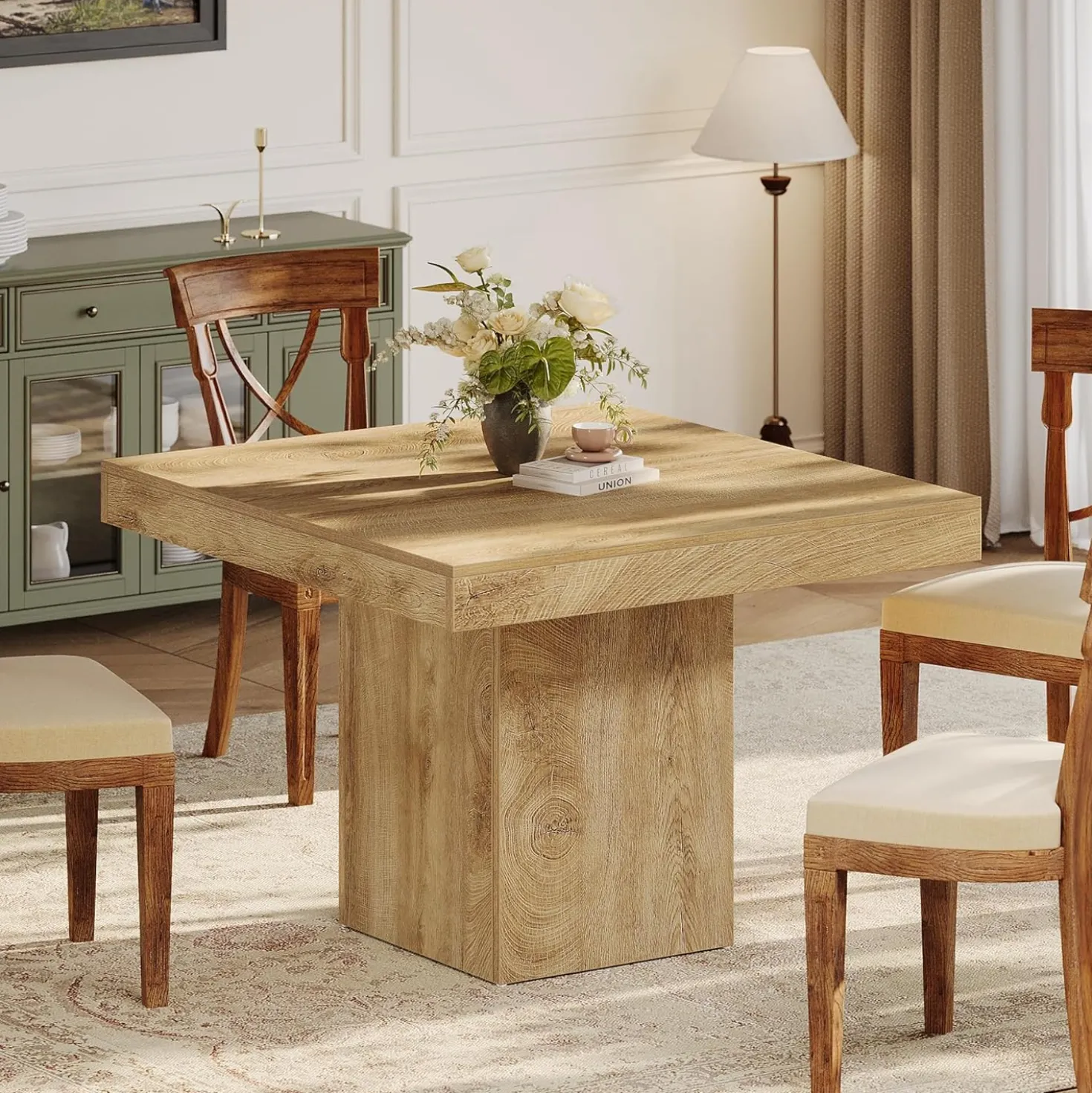 39" Square Dining Table, Farmhouse Kitchen Dinner Table with Sturdy Pedestal Base for 4