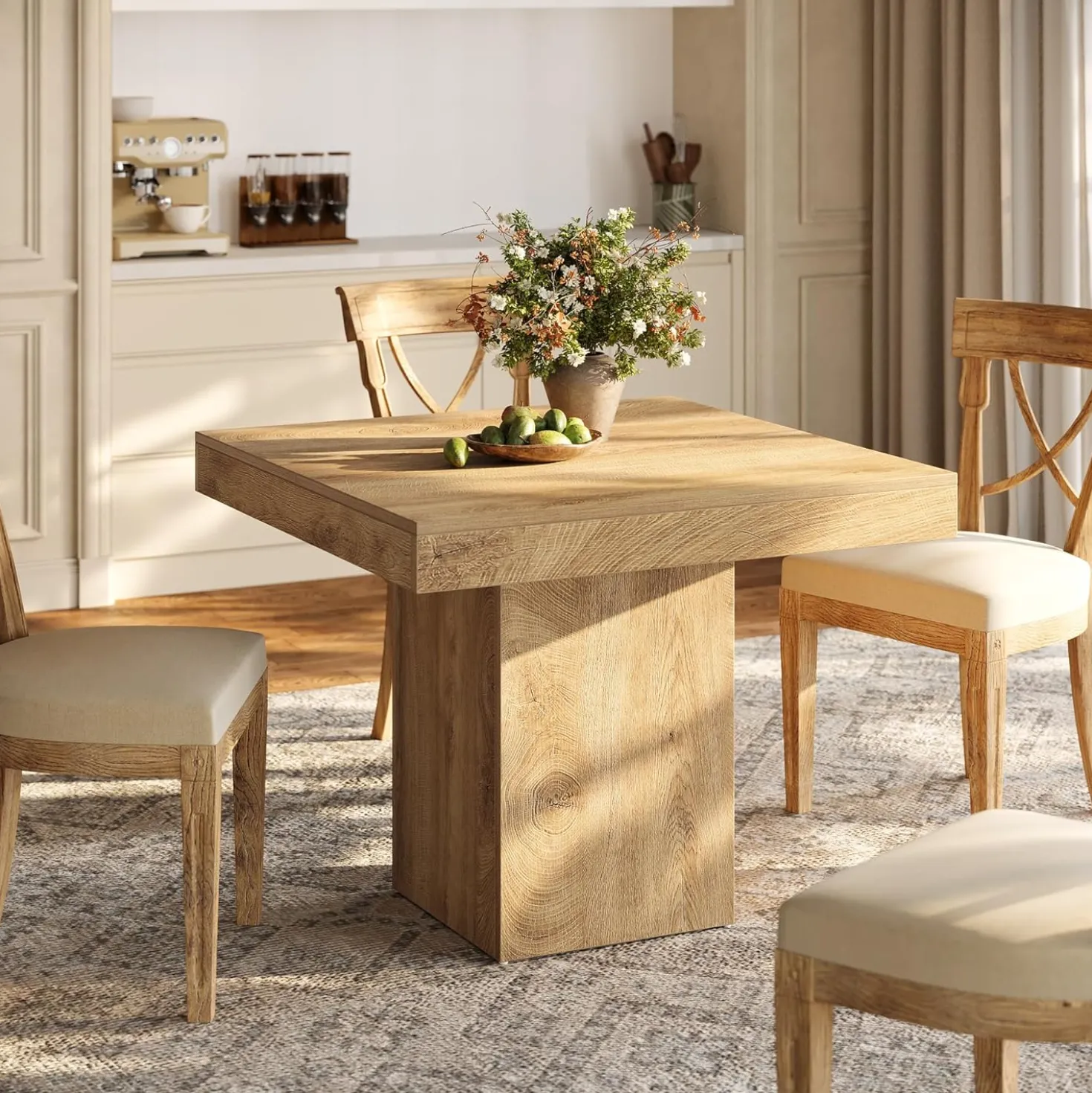 39" Square Dining Table, Farmhouse Kitchen Dinner Table with Sturdy Pedestal Base for 4