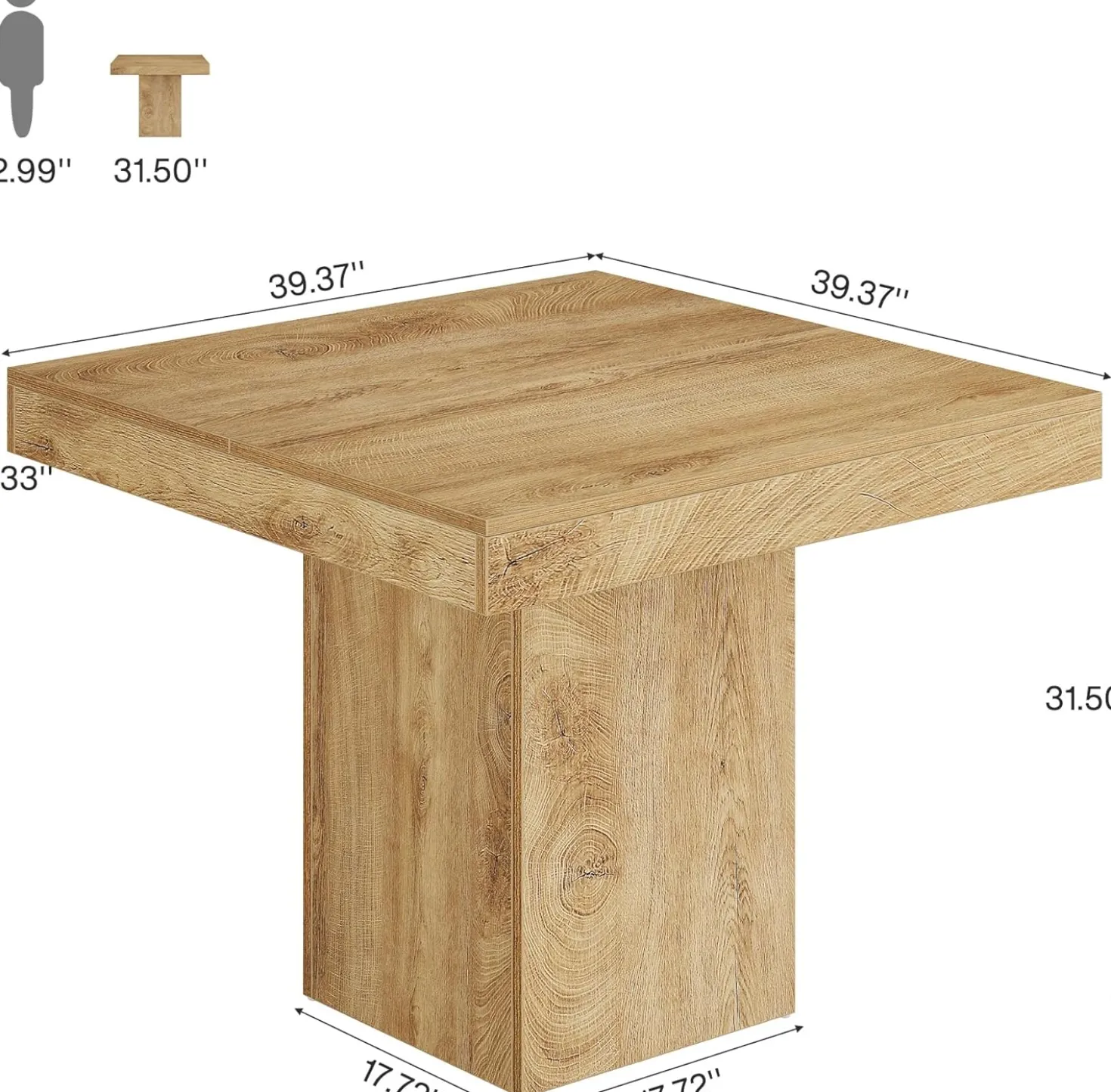 39" Square Dining Table, Farmhouse Kitchen Dinner Table with Sturdy Pedestal Base for 4