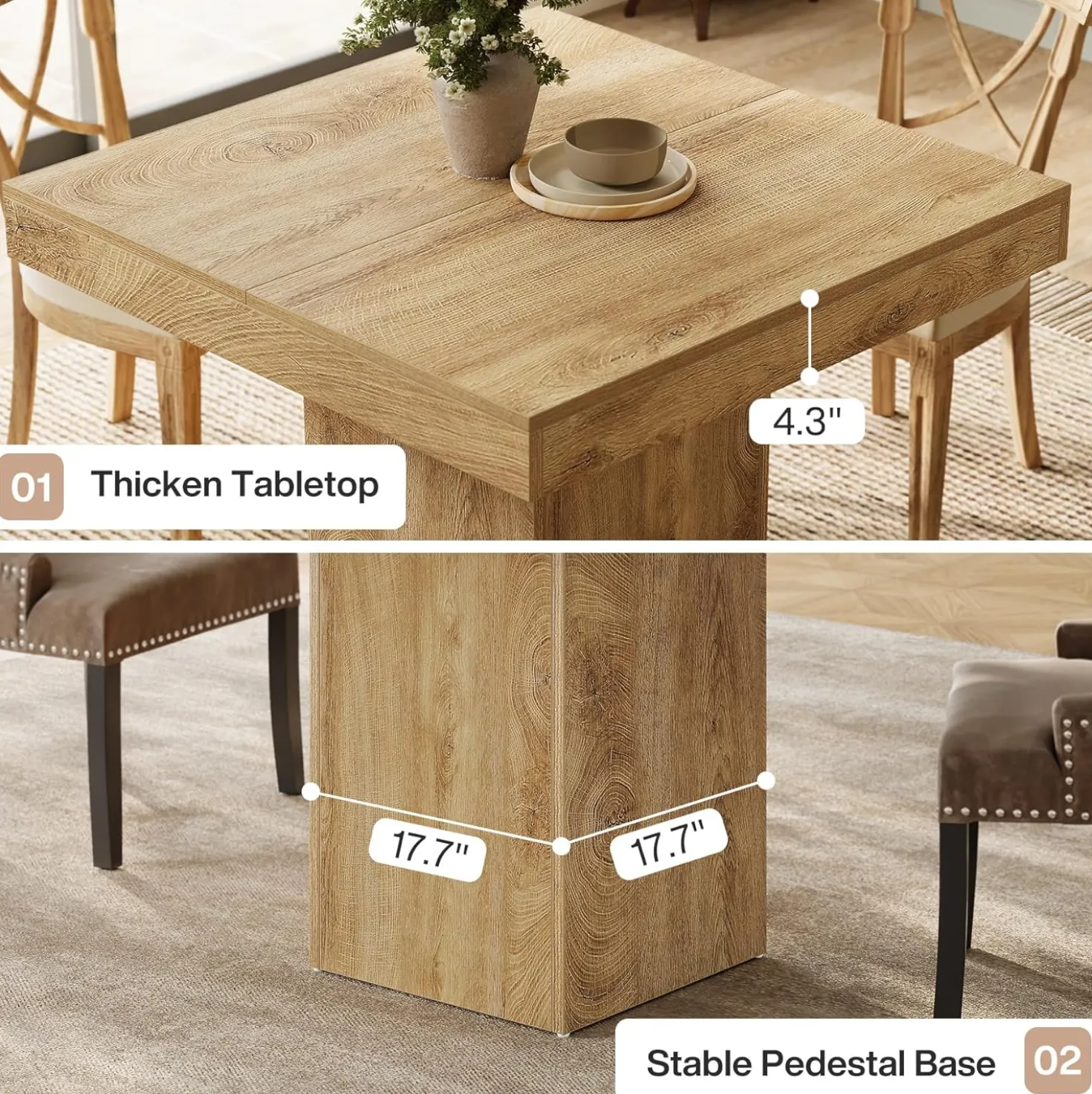 39" Square Dining Table, Farmhouse Kitchen Dinner Table with Sturdy Pedestal Base for 4