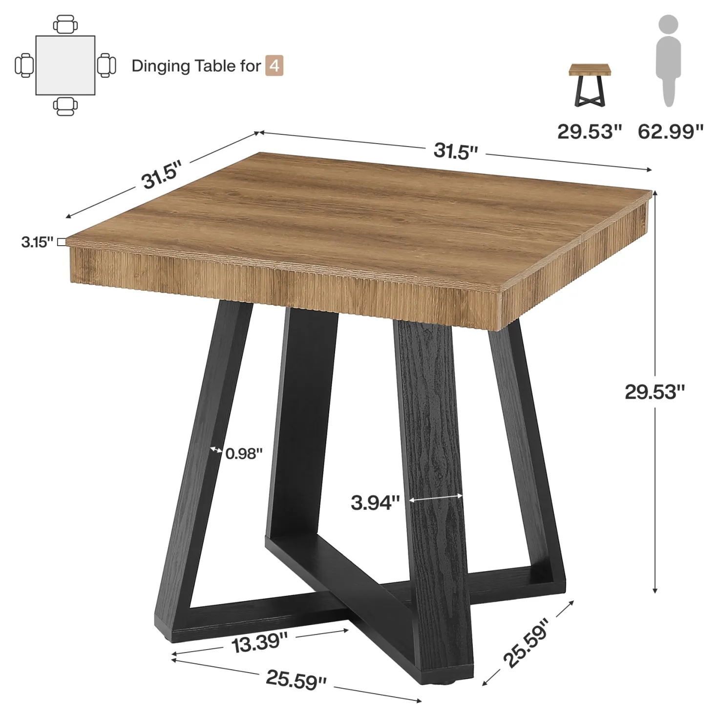 31.5" Square Dining Table, Small Kitchen Table with Fluted Edge for 4