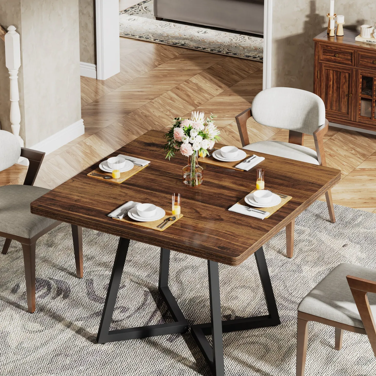 31.5" Square Dining Table, Wood Kitchen Table with Metal Legs for 4
