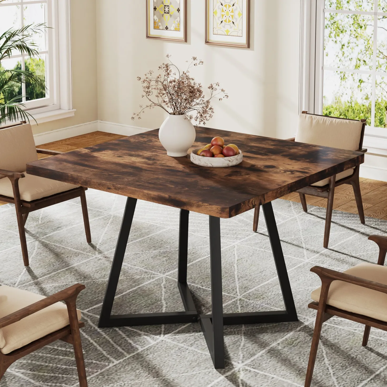 31.5" Square Dining Table, Wood Kitchen Table with Metal Legs for 4